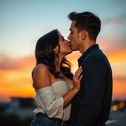 A glamorous brunette woman with big breasts leaning in for a passionate kiss with a handsome young brunette man