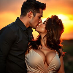 A glamorous brunette woman with big breasts leaning in for a passionate kiss with a handsome young brunette man