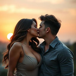 A glamorous brunette woman with big breasts leaning in for a passionate kiss with a handsome young brunette man