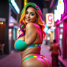 A playful and confident Latina woman with striking rainbow-colored hair styled in a fun and lively manner