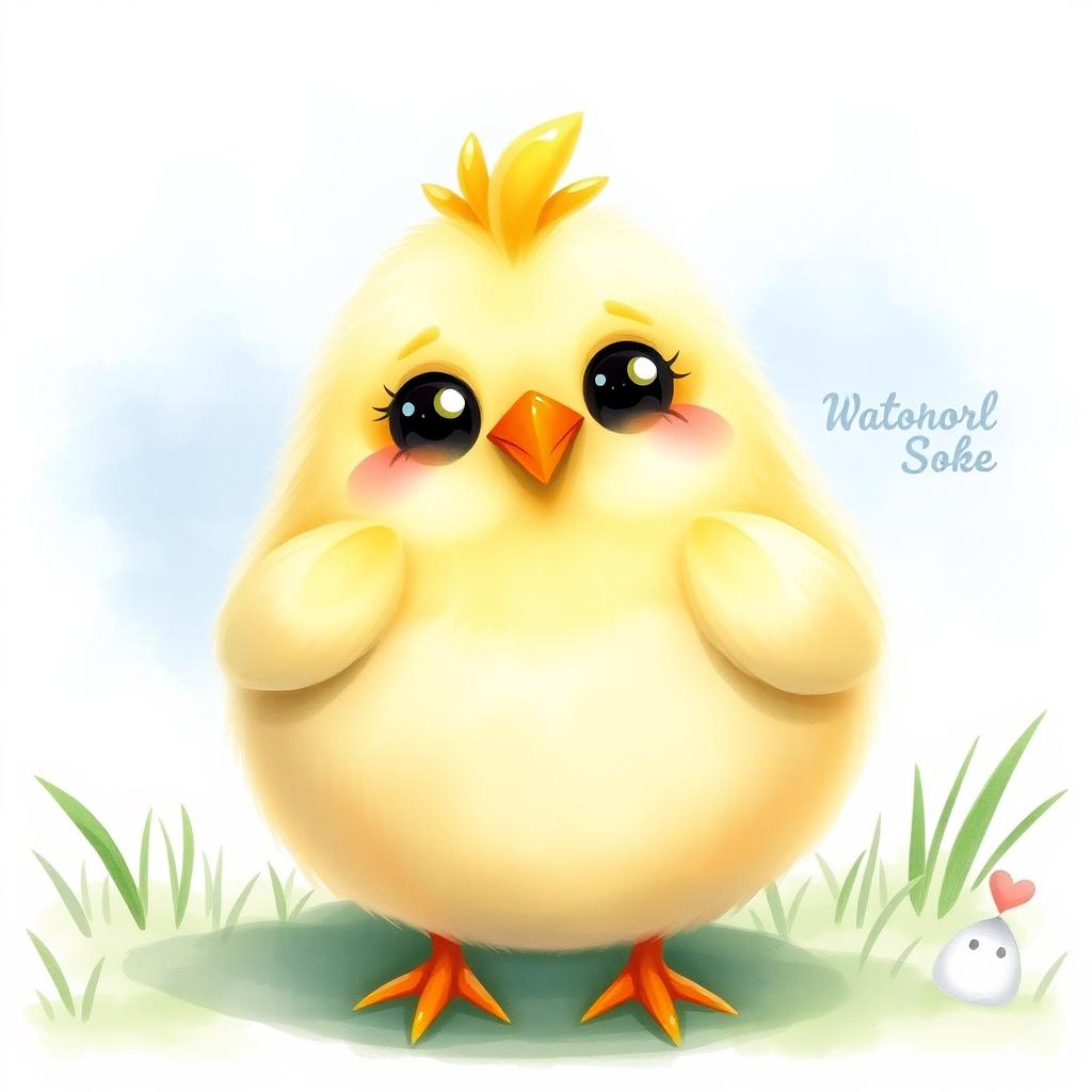 A cute, chubby round chicken in a charming watercolor style