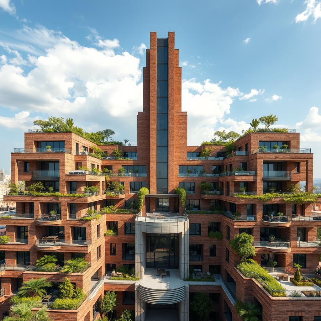 A stunning 20-story modern skyscraper inspired by nature and Achaemenid architecture, featuring a breathtaking design with an impressive entrance that is tall and grand