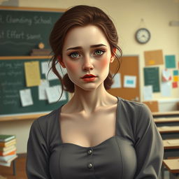A woman with a pure, innocent gaze and pale face, conveying a slight sadness in her expression, stands in a classroom