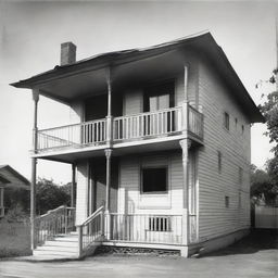 Two-story house with a sheet hanging on the first floor and a balcony on the second floor.