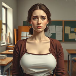 A woman with a pure, innocent gaze and pale face, conveying a slight sadness in her expression, stands in a classroom
