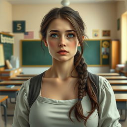 A woman with a pure, innocent gaze and pale face, conveying a slight sadness in her expression, stands in a classroom
