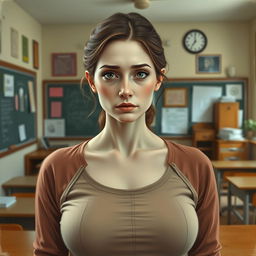 A woman with a pure, innocent gaze and pale face, conveying a slight sadness in her expression, stands in a classroom