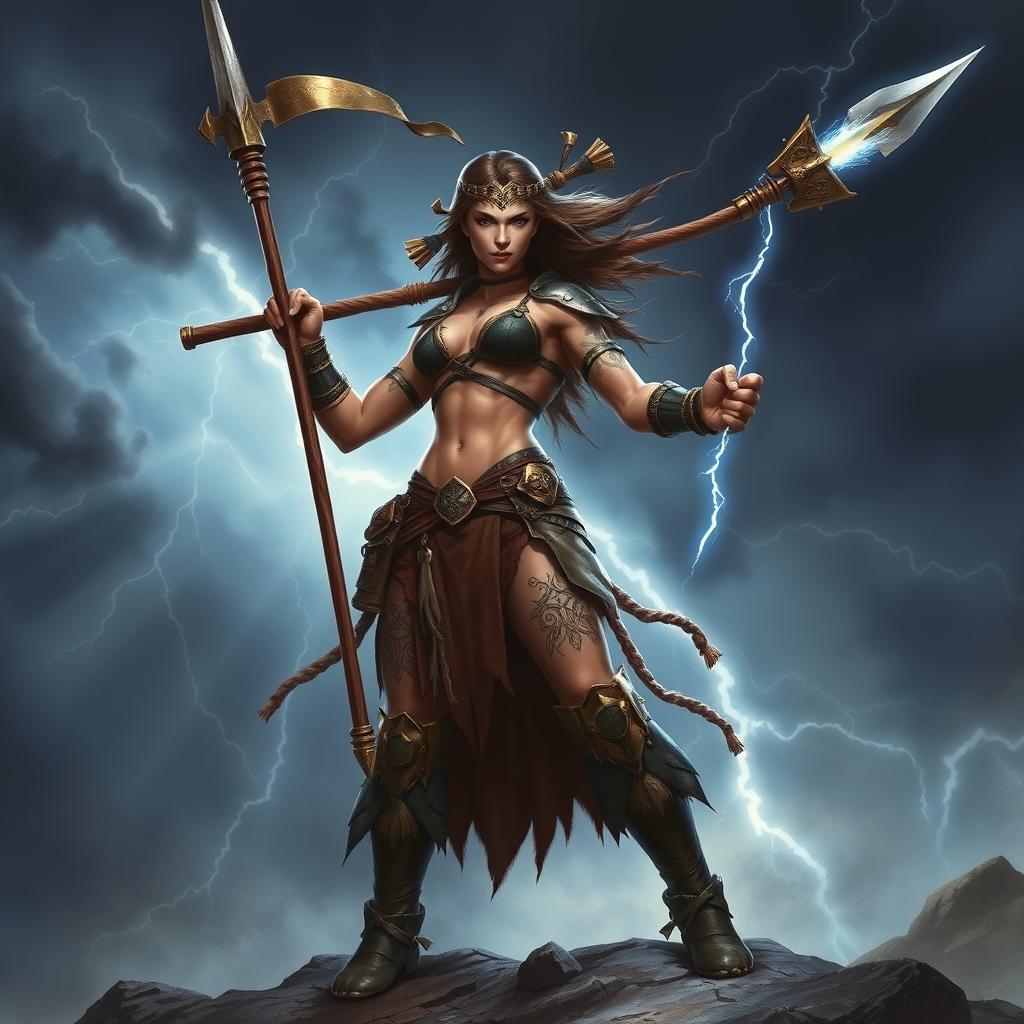 A powerful female Goliath warrior standing tall in a dynamic battle pose, wielding a formidable glaive in one hand and a glowing lightning javelin in the other