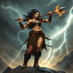 A powerful female Goliath warrior standing tall in a dynamic battle pose, wielding a formidable glaive in one hand and a glowing lightning javelin in the other