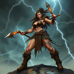 A powerful female Goliath warrior standing tall in a dynamic battle pose, wielding a formidable glaive in one hand and a glowing lightning javelin in the other