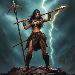 A powerful female Goliath warrior standing tall in a dynamic battle pose, wielding a formidable glaive in one hand and a glowing lightning javelin in the other