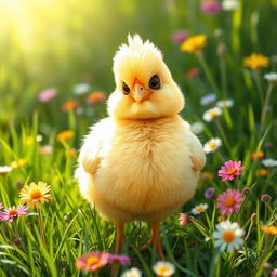A cute, chubby, round chicken with fluffy yellow feathers, perched happily in a sunny meadow