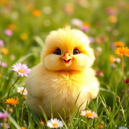 A cute, chubby, round chicken with fluffy yellow feathers, perched happily in a sunny meadow