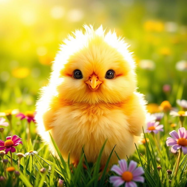 A cute, chubby, round chicken with fluffy yellow feathers, perched happily in a sunny meadow