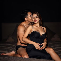 A 19-year-old Indonesian man with an athletic body and handsome features, and pure white skin, affectionately hugging a beautiful 20-year-old woman from behind while kissing her cheek