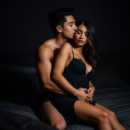 A 19-year-old Indonesian man with an athletic body and handsome features, and pure white skin, affectionately hugging a beautiful 20-year-old woman from behind while kissing her cheek