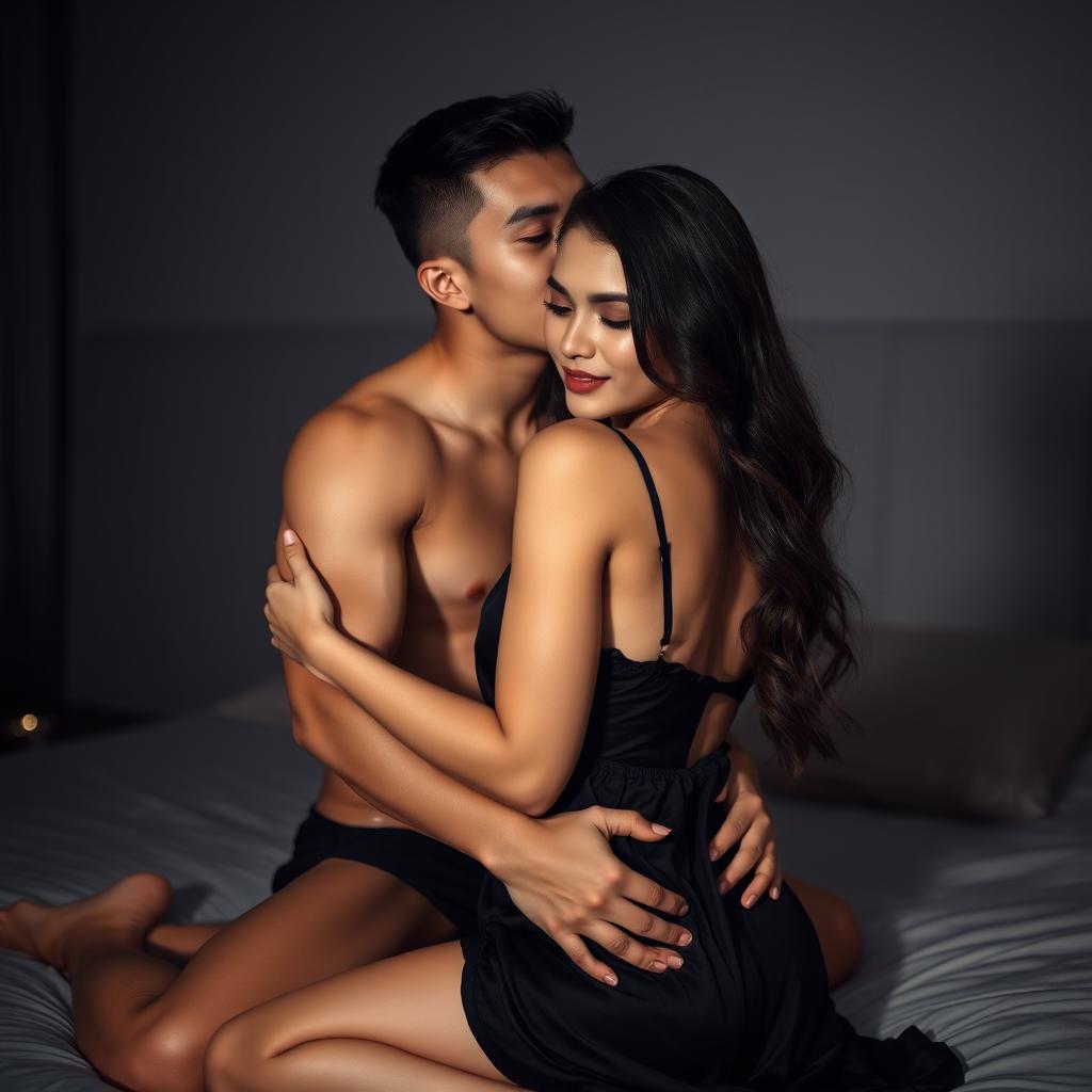 A 19-year-old Indonesian man with an athletic body and handsome features, and pure white skin, affectionately hugging a beautiful 20-year-old woman from behind while kissing her cheek