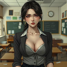 A sexy woman with a pure, innocent gaze and a pale face conveys a hint of sadness as she stands in a classroom environment