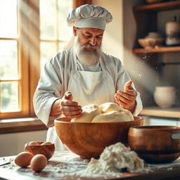 A divine baker symbolizing God, with a serene expression, kneading soft, golden bread dough in a large wooden bowl