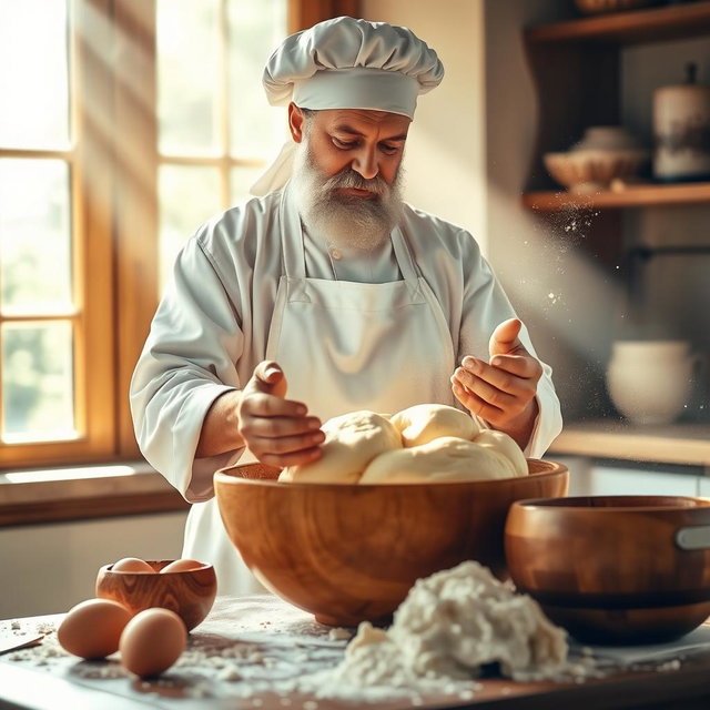 A divine baker symbolizing God, with a serene expression, kneading soft, golden bread dough in a large wooden bowl