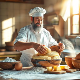 A divine baker symbolizing God, with a serene expression, kneading soft, golden bread dough in a large wooden bowl