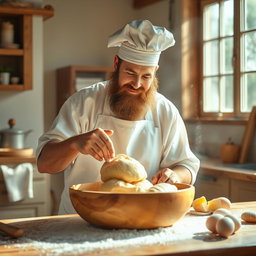 A divine baker symbolizing God, with a serene expression, kneading soft, golden bread dough in a large wooden bowl