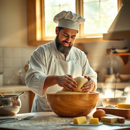 A divine baker symbolizing God, with a serene expression, kneading soft, golden bread dough in a large wooden bowl