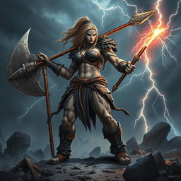 A powerful female Goliath warrior, towering and muscular, stands confidently in a battle-ready pose
