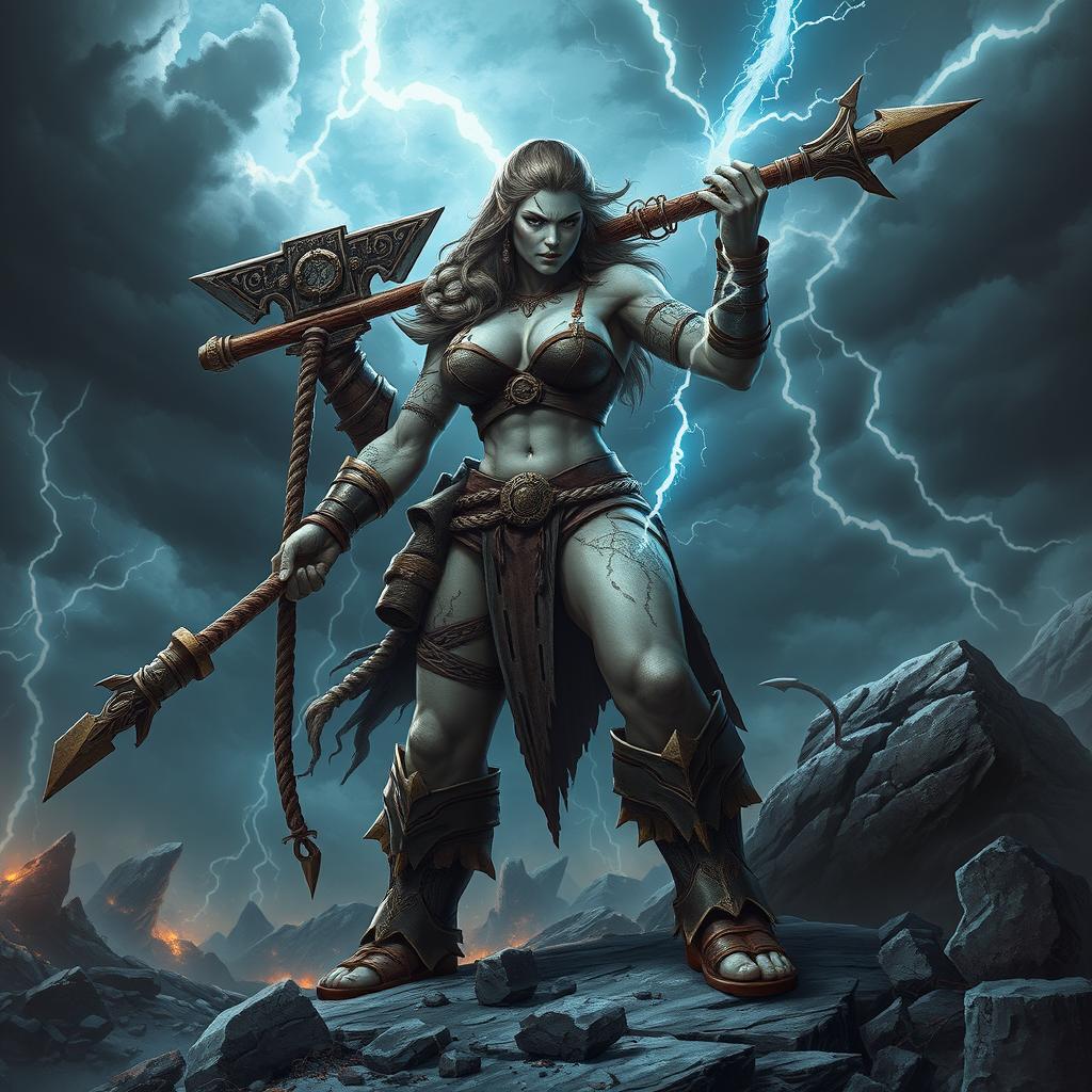 A powerful female Goliath warrior, towering and muscular, stands confidently in a battle-ready pose