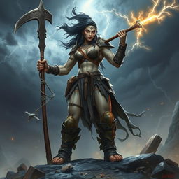 A powerful female Goliath warrior, towering and muscular, stands confidently in a battle-ready pose