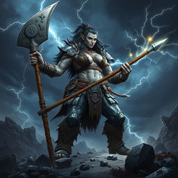A powerful female Goliath warrior, towering and muscular, stands confidently in a battle-ready pose