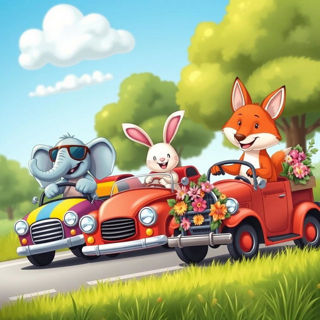 A whimsical scene featuring various animals driving motor vehicles