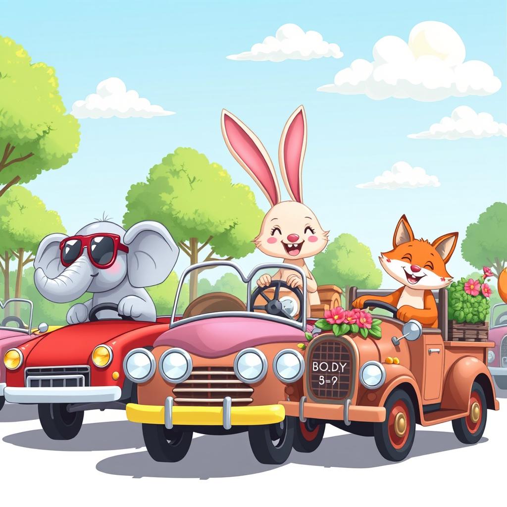 A whimsical scene featuring various animals driving motor vehicles