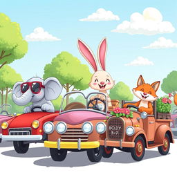 A whimsical scene featuring various animals driving motor vehicles