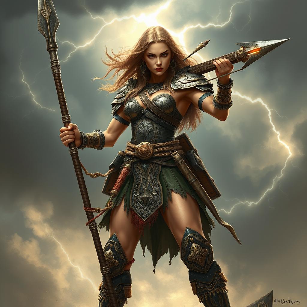 A powerful female goliath fighter standing tall and proud, wielding a magnificent glaive in one hand while holding a shimmering lightning javelin in the other