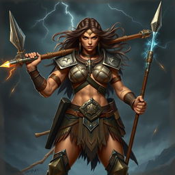 A powerful female goliath fighter standing tall and proud, wielding a magnificent glaive in one hand while holding a shimmering lightning javelin in the other