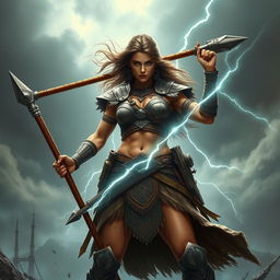 A powerful female goliath fighter standing tall and proud, wielding a magnificent glaive in one hand while holding a shimmering lightning javelin in the other