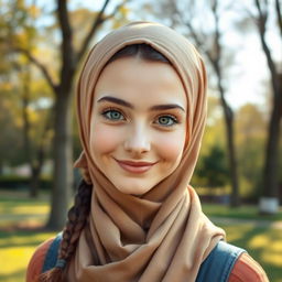 A beautiful, slim, ordinary girl with hypnotic eyes wearing a headscarf