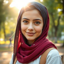 A beautiful, slim, ordinary girl with hypnotic eyes wearing a headscarf