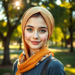A beautiful, slim, ordinary girl with hypnotic eyes wearing a headscarf