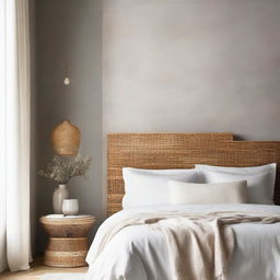 A serene bedroom scene featuring a beautiful Venetian plaster wall, an inviting white linen-covered bed, and a stylish rattan headboard.