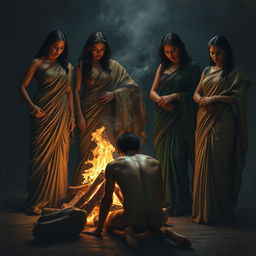 A dramatic and intense scene depicting powerful mistresses, dressed in luxurious sarees, in a dark, atmospheric setting