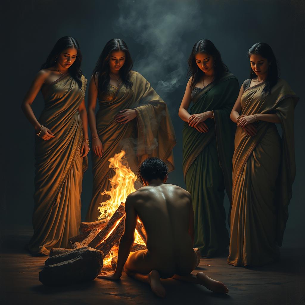 A dramatic and intense scene depicting powerful mistresses, dressed in luxurious sarees, in a dark, atmospheric setting