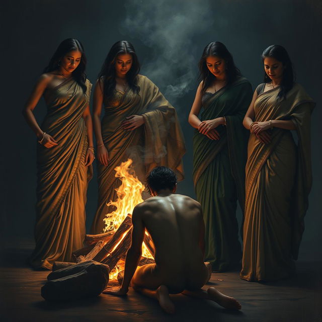 A dramatic and intense scene depicting powerful mistresses, dressed in luxurious sarees, in a dark, atmospheric setting