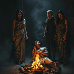 A dramatic and intense scene depicting powerful mistresses, dressed in luxurious sarees, in a dark, atmospheric setting