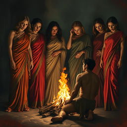 A dramatic and intense scene depicting powerful mistresses, dressed in luxurious sarees, in a dark, atmospheric setting
