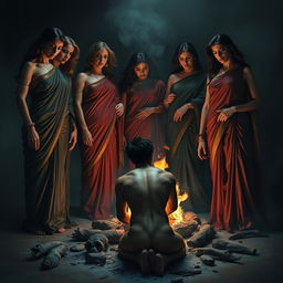 A dramatic and intense scene depicting powerful mistresses, dressed in luxurious sarees, in a dark, atmospheric setting