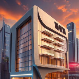 A 15-story building with a modern, futuristic, and avant-garde architectural style, featuring a combination of reflective floor-to-ceiling glass panels, smooth exposed concrete, and shiny metals