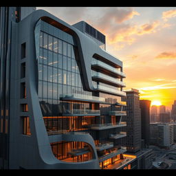 A 15-story building with a modern, futuristic, and avant-garde architectural style, featuring a combination of reflective floor-to-ceiling glass panels, smooth exposed concrete, and shiny metals