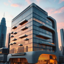 A 15-story building with a modern, futuristic, and avant-garde architectural style, featuring a combination of reflective floor-to-ceiling glass panels, smooth exposed concrete, and shiny metals